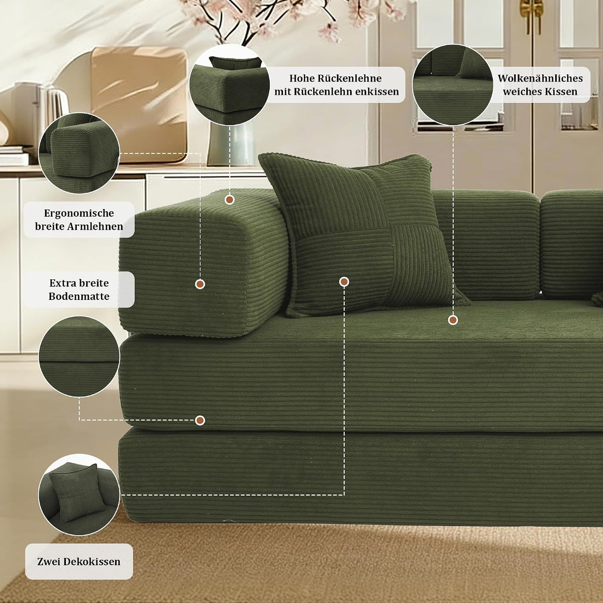 Vipbear Schlafsofa 160cm Breit, Boneless Couch mit Schlaffunktion Cord Sofa