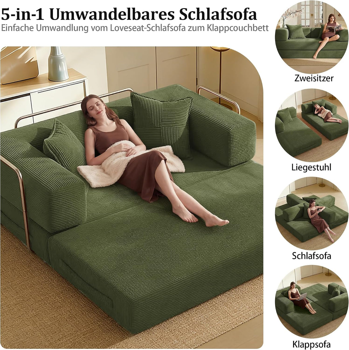Vipbear Schlafsofa 160cm Breit, Boneless Couch mit Schlaffunktion Cord Sofa