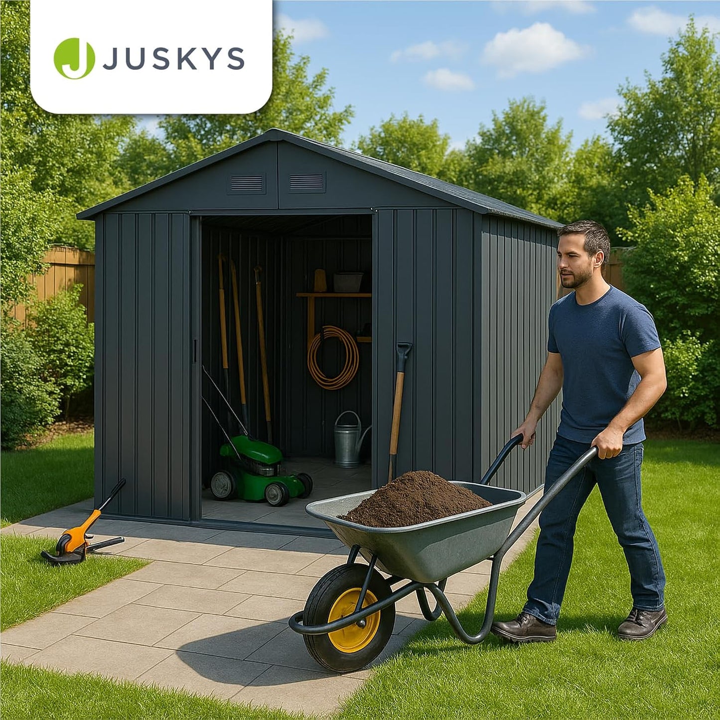 Juskys Metal XL Tool Shed - Garden Shed & Tool Shed with Sliding Door, Foundation Frame & Lock, Weatherproof Garden Cabinet for Storage - Dark Grey