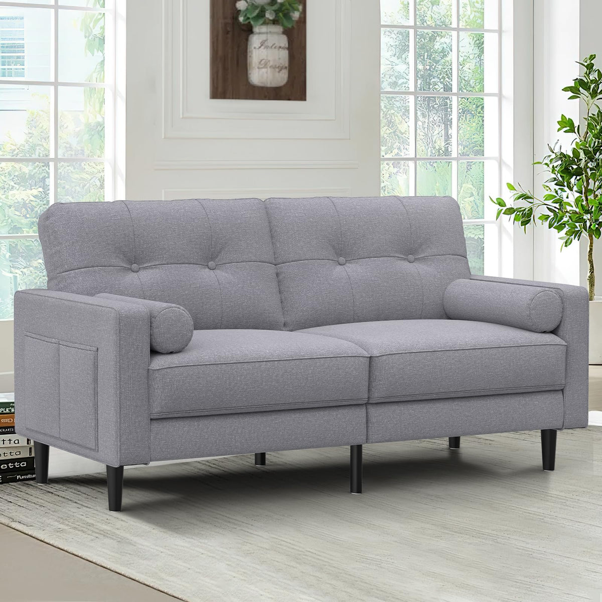 2-Sitzer Sofa, Dicke Kissen, 2 Kissen & Taschen(Braun_pu)