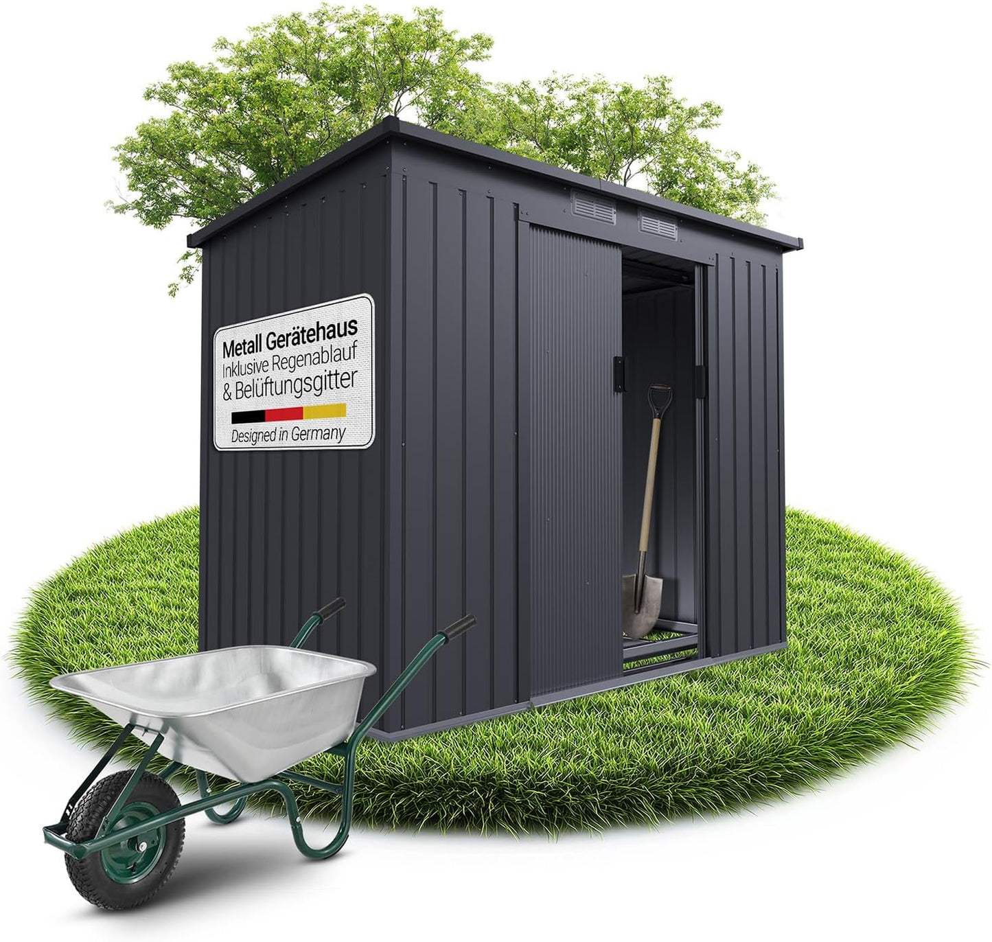 Juskys Metal XL Tool Shed - Garden Shed & Tool Shed with Sliding Door, Foundation Frame & Lock, Weatherproof Garden Cabinet for Storage - Dark Grey