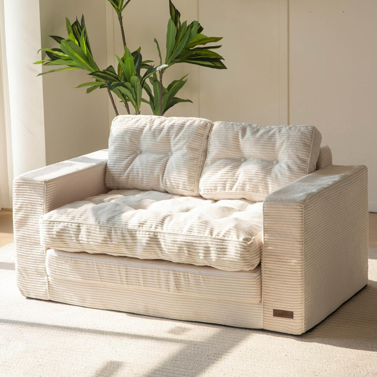 MAXYOYO Schlafsofa, Umbaubares Zweisitzer-Sofa mit 2 Kissen, 2-in-1 Komfort-Kordsofa, Bodenliege mit ausziehbarer Liegefläche 113x190cm, 15cm starkem Schaumstoff