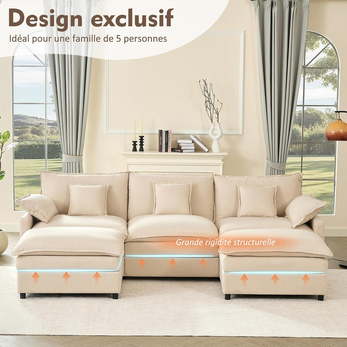 U-förmiges modulares Sofa 3-Sitzer Ecksofa mit Hocker, tiefes Sitzdesign, Cloud Couch für Wohnzimmer(Beige)