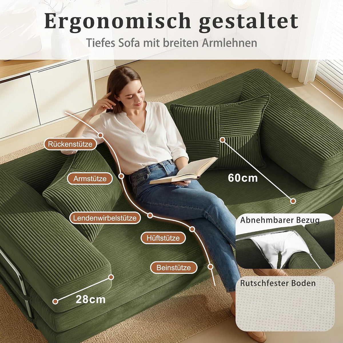 Vipbear Schlafsofa 160cm Breit, Boneless Couch mit Schlaffunktion Cord Sofa