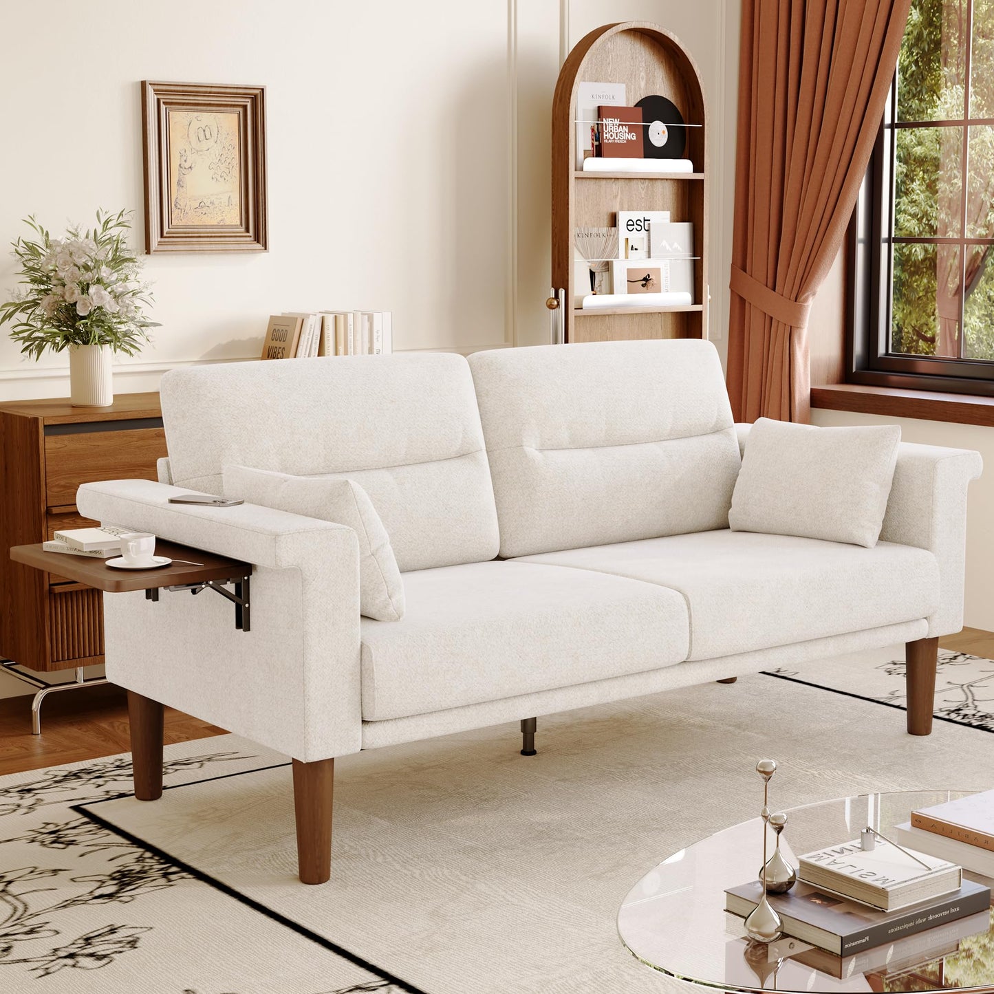 Vipbear Sofa 3 Sitzer Klein,174 cm, Grün Chenille-Stoff Sofas mit 2 Kissen, Modernes Couch mit Wide Armlehnen und Klapptisch, Extra Tiefe Sitze, Gästesofa für Wohnzimmer, Apartment, Büro