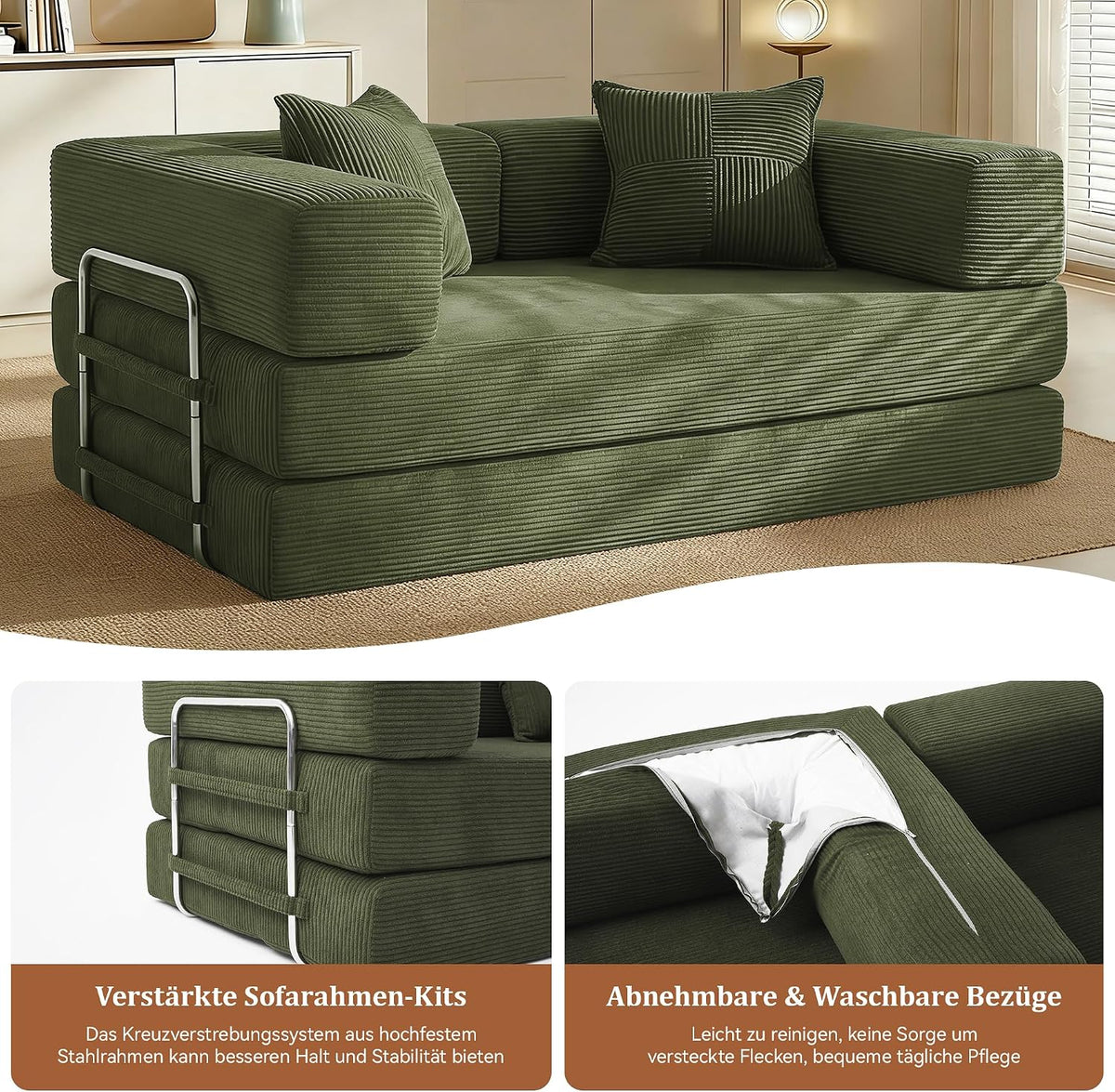 Vipbear Schlafsofa 160cm Breit, Boneless Couch mit Schlaffunktion Cord Sofa