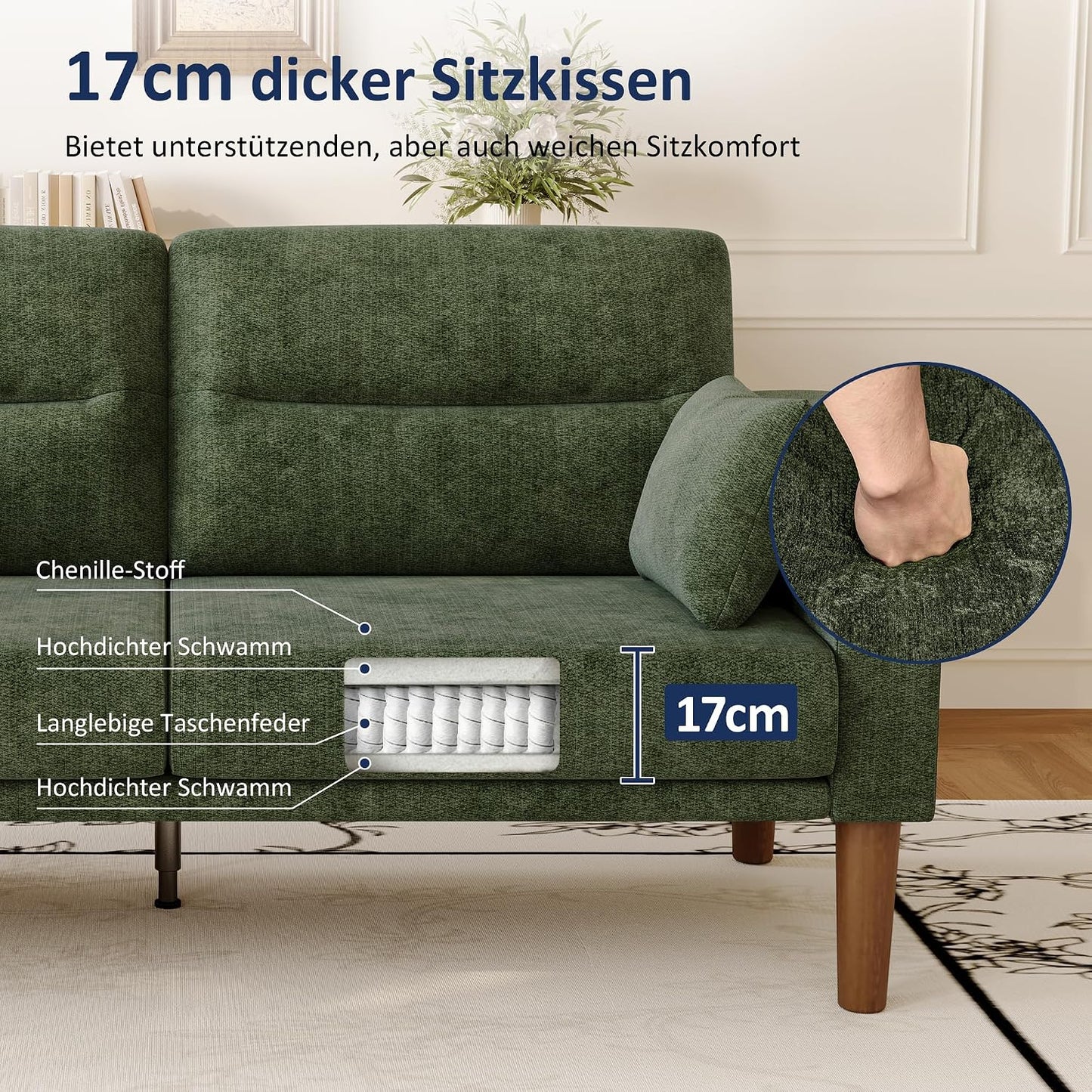 Vipbear Sofa 3 Sitzer Klein,174 cm, Grün Chenille-Stoff Sofas mit 2 Kissen, Modernes Couch mit Wide Armlehnen und Klapptisch, Extra Tiefe Sitze, Gästesofa für Wohnzimmer, Apartment, Büro