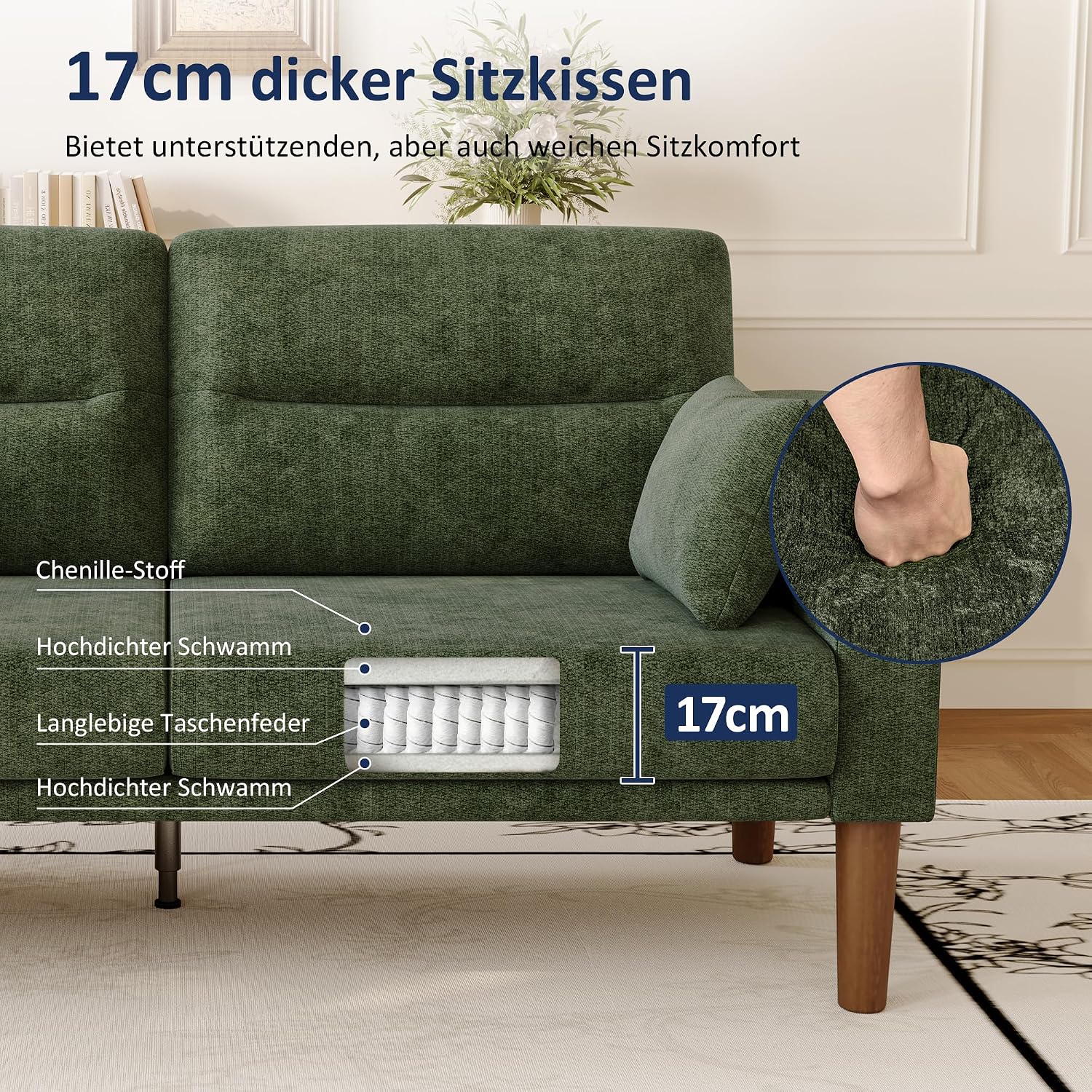 Vipbear Sofa 3 Sitzer Klein,174 cm, Grün Chenille-Stoff Sofas mit 2 Kissen, Modernes Couch mit Wide Armlehnen und Klapptisch, Extra Tiefe Sitze, Gästesofa für Wohnzimmer, Apartment, Büro