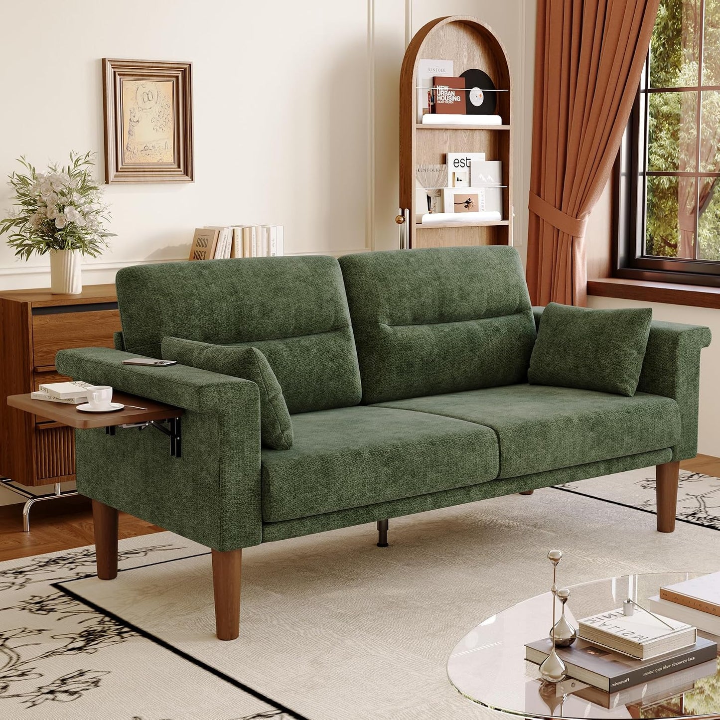 Vipbear Sofa 3 Sitzer Klein,174 cm, Grün Chenille-Stoff Sofas mit 2 Kissen, Modernes Couch mit Wide Armlehnen und Klapptisch, Extra Tiefe Sitze, Gästesofa für Wohnzimmer, Apartment, Büro