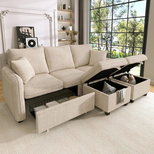Merax Modulares 3-Sitzer Sofa-Set, Ecksofa in L-Form & U-Form mit 2 Stauraum-Hockern, Couch mit 2 Schubladen, Flexibel kombinierbare Wohnlandschaft aus Chenille, Beige