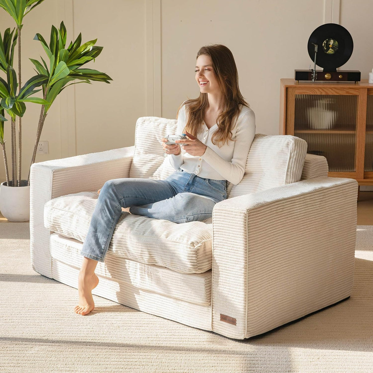 MAXYOYO Schlafsofa, Umbaubares Zweisitzer-Sofa mit 2 Kissen, 2-in-1 Komfort-Kordsofa, Bodenliege mit ausziehbarer Liegefläche 113x190cm, 15cm starkem Schaumstoff
