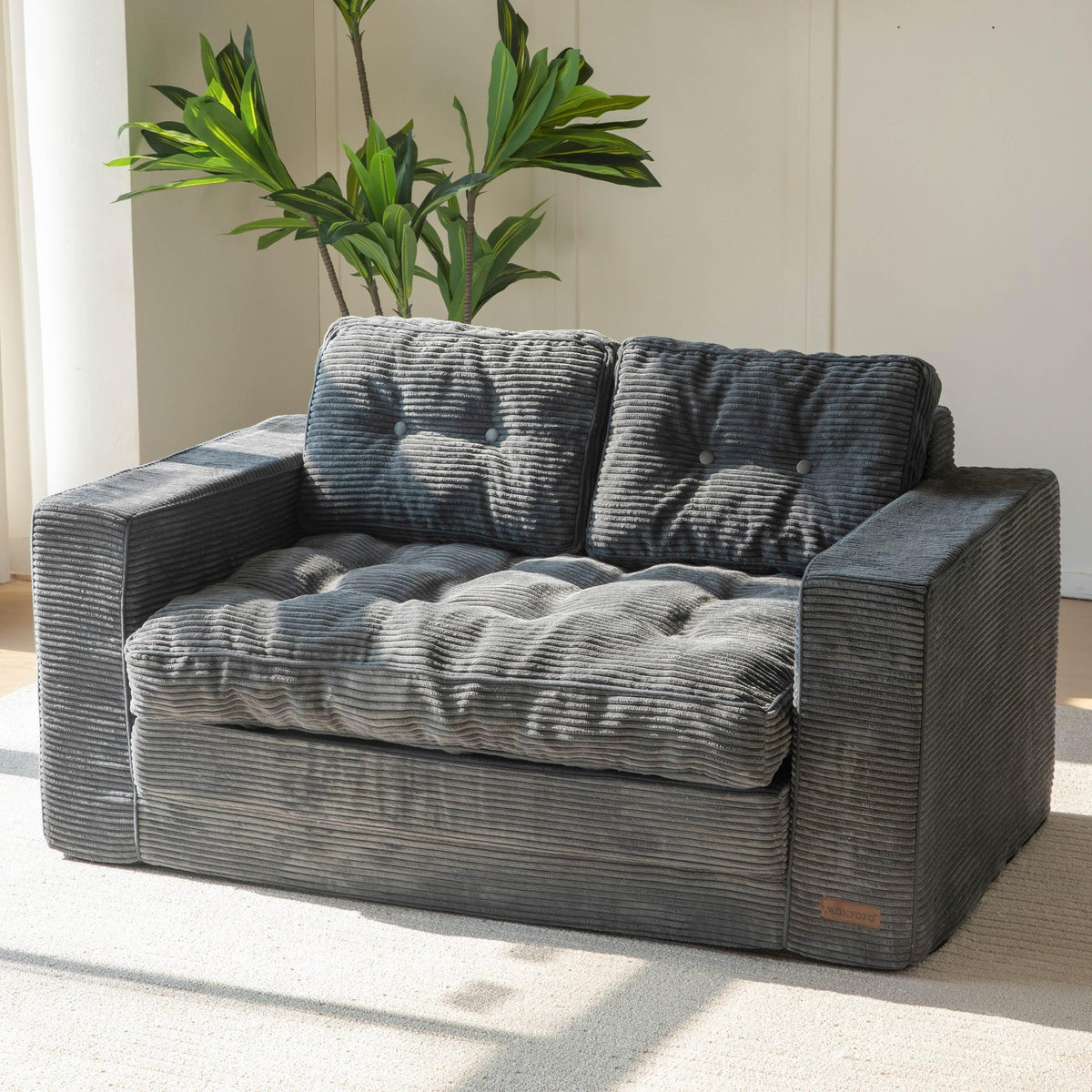 MAXYOYO Schlafsofa, Umbaubares Zweisitzer-Sofa mit 2 Kissen, 2-in-1 Komfort-Kordsofa, Bodenliege mit ausziehbarer Liegefläche 113x190cm, 15cm starkem Schaumstoff