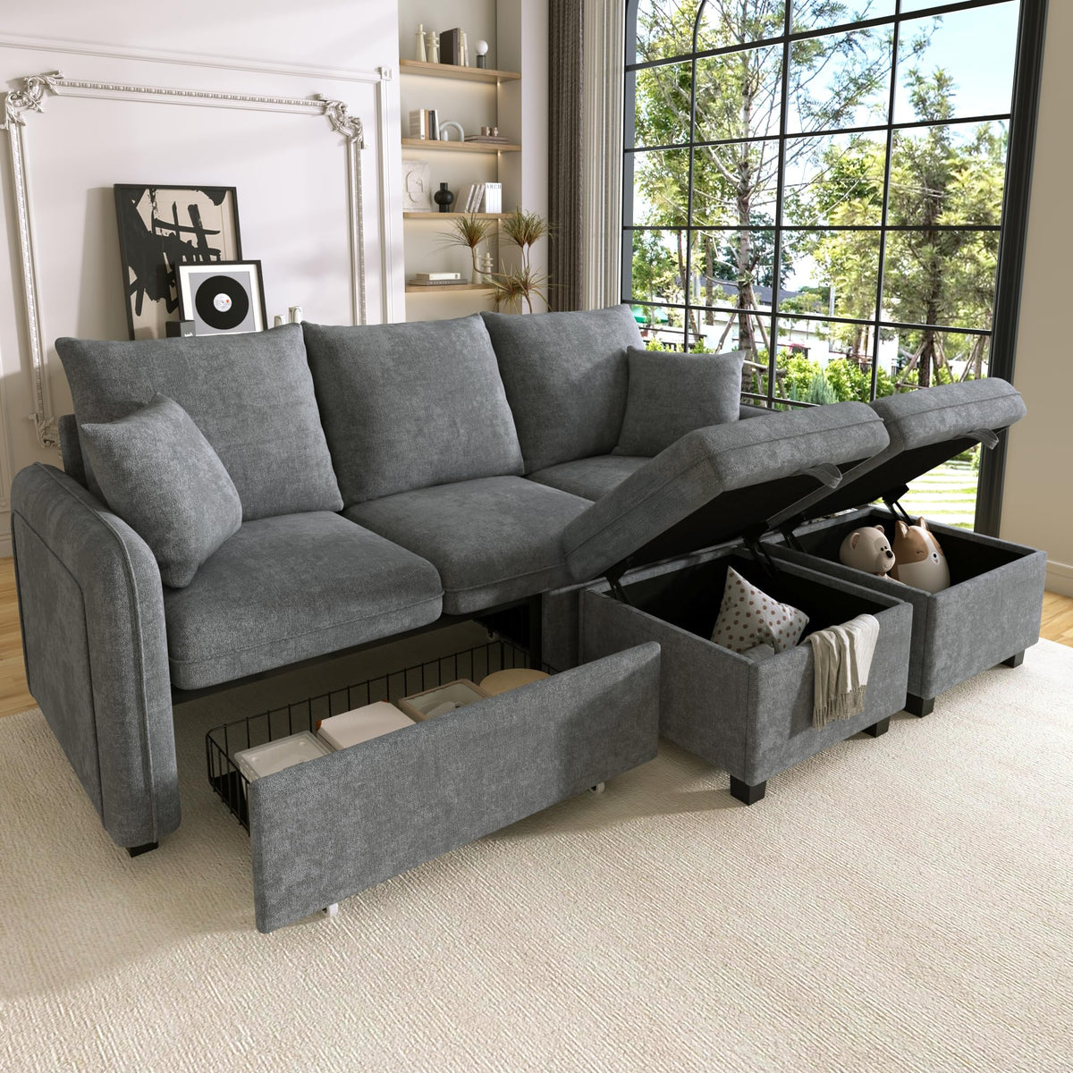 Merax Modulares 3-Sitzer Sofa-Set, Ecksofa in L-Form & U-Form mit 2 Stauraum-Hockern, Couch mit 2 Schubladen, Flexibel kombinierbare Wohnlandschaft aus Chenille, Beige
