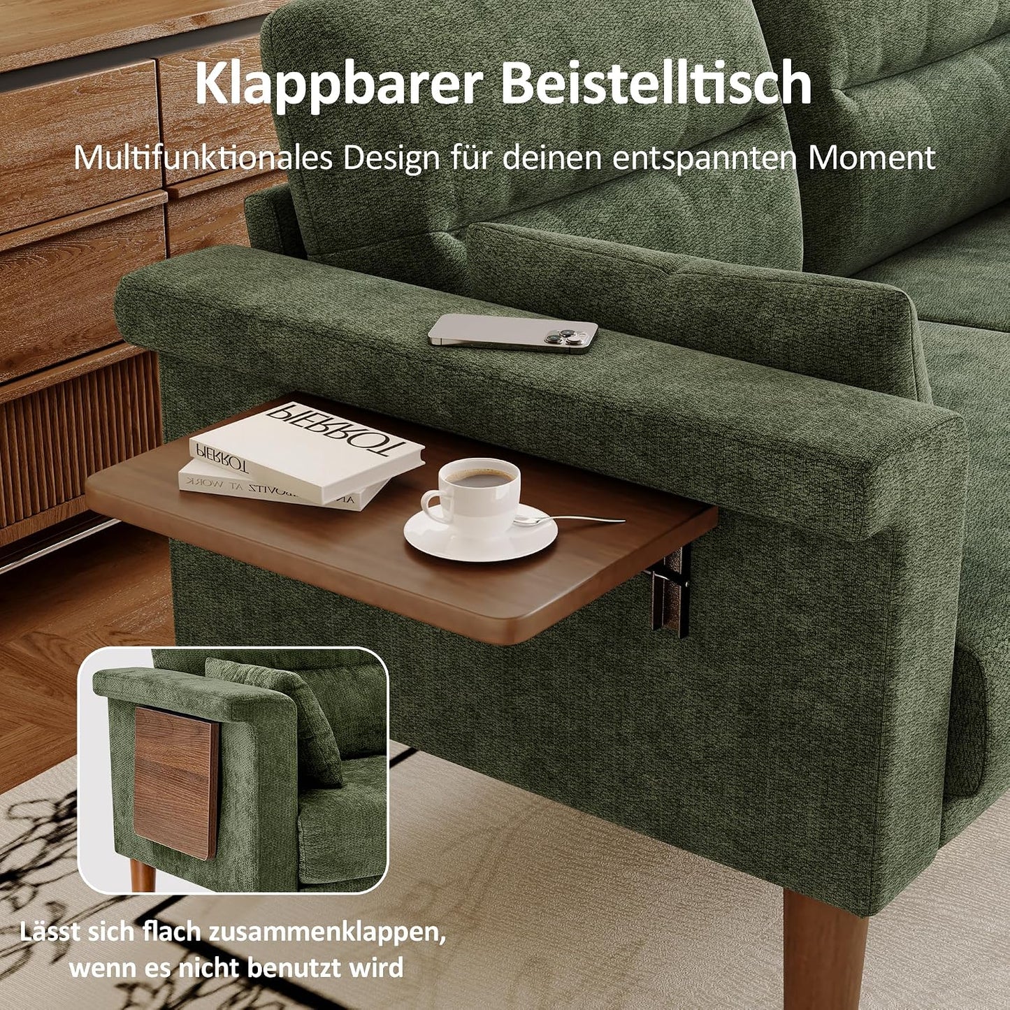 Vipbear Sofa 3 Sitzer Klein,174 cm, Grün Chenille-Stoff Sofas mit 2 Kissen, Modernes Couch mit Wide Armlehnen und Klapptisch, Extra Tiefe Sitze, Gästesofa für Wohnzimmer, Apartment, Büro