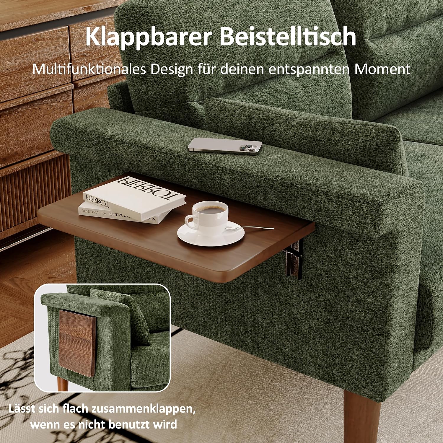 Vipbear Sofa 3 Sitzer Klein,174 cm, Grün Chenille-Stoff Sofas mit 2 Kissen, Modernes Couch mit Wide Armlehnen und Klapptisch, Extra Tiefe Sitze, Gästesofa für Wohnzimmer, Apartment, Büro