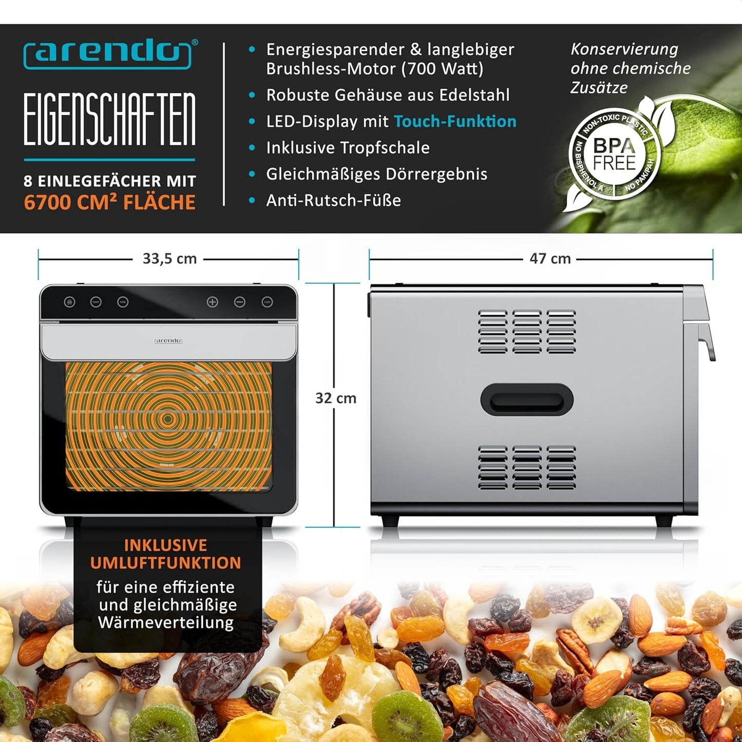 Arendo - Dörrautomat Edelstahl mit 8 Edelstahlgitter - 700 W - 35°-85°C - 8 Edelstahl Einlegetabletts mit insgesamt 6700 cm² - Dörrgerät Dehydrator Obsttrockner Dörrapparat - Obst Fleisch Pilze uvmo