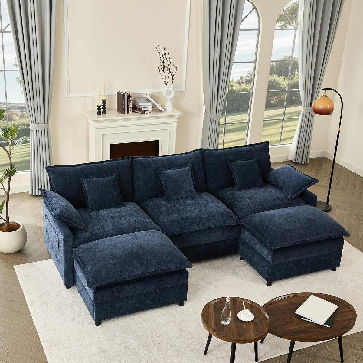 U-förmiges modulares Sofa 3-Sitzer Ecksofa mit Hocker, tiefes Sitzdesign, Cloud Couch für Wohnzimmer(Beige)