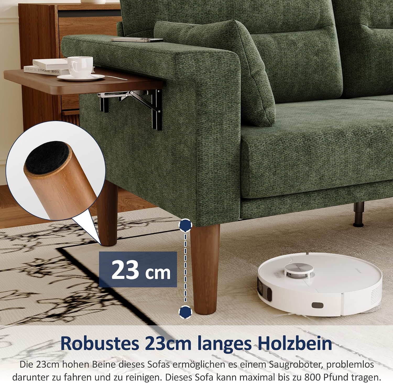 Vipbear Sofa 3 Sitzer Klein,174 cm, Grün Chenille-Stoff Sofas mit 2 Kissen, Modernes Couch mit Wide Armlehnen und Klapptisch, Extra Tiefe Sitze, Gästesofa für Wohnzimmer, Apartment, Büro