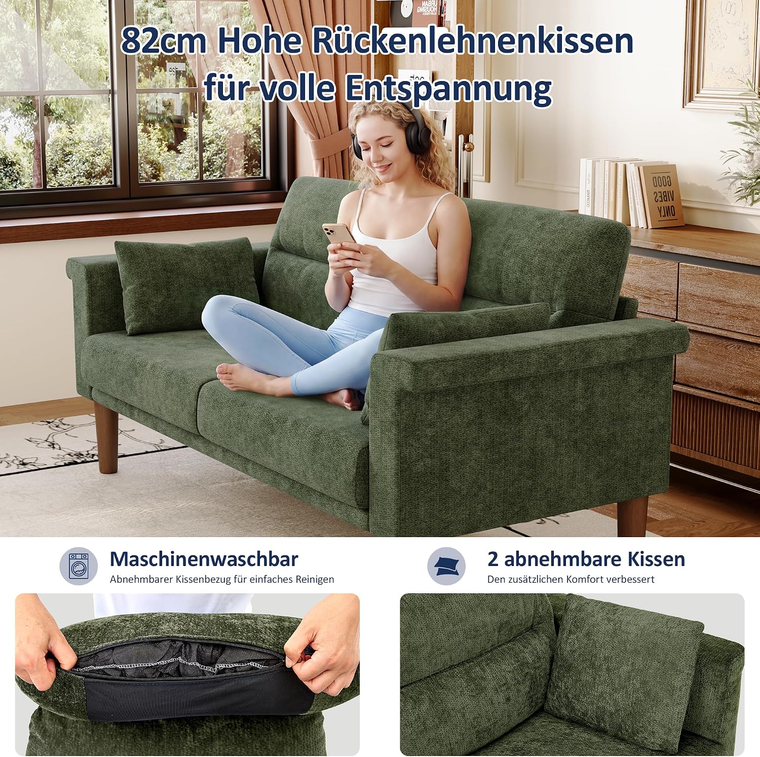 Vipbear Sofa 3 Sitzer Klein,174 cm, Grün Chenille-Stoff Sofas mit 2 Kissen, Modernes Couch mit Wide Armlehnen und Klapptisch, Extra Tiefe Sitze, Gästesofa für Wohnzimmer, Apartment, Büro
