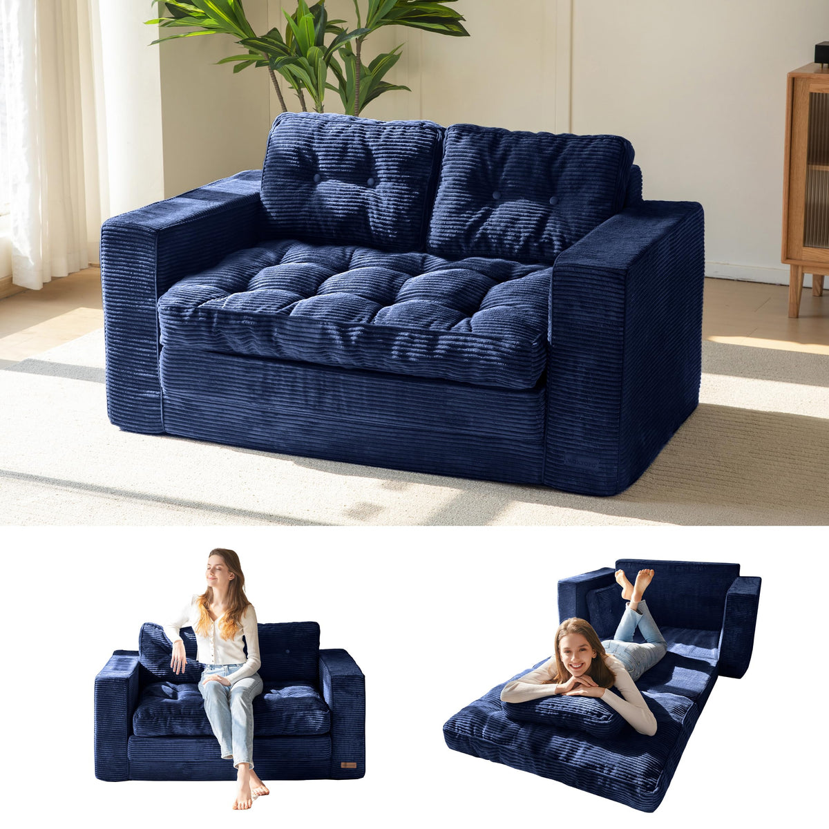 MAXYOYO Schlafsofa, Umbaubares Zweisitzer-Sofa mit 2 Kissen, 2-in-1 Komfort-Kordsofa, Bodenliege mit ausziehbarer Liegefläche 113x190cm, 15cm starkem Schaumstoff