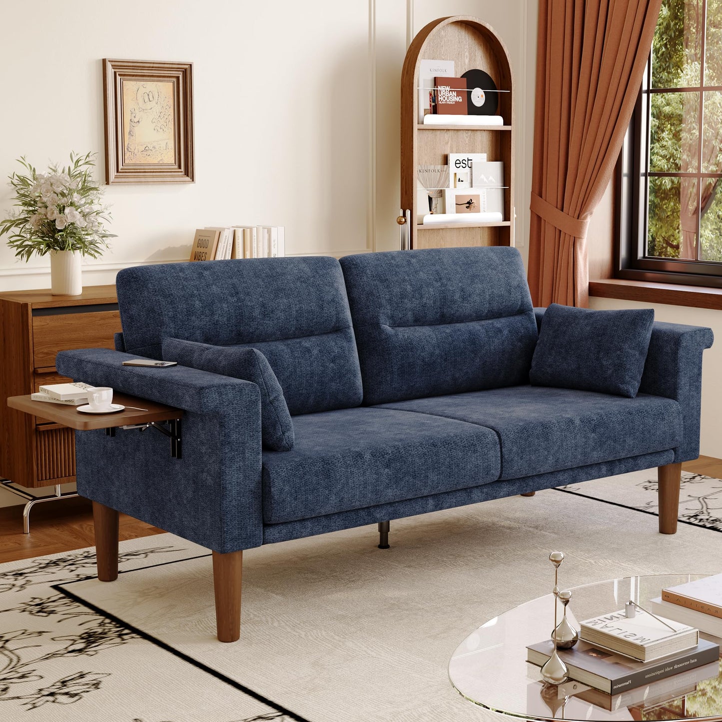 Vipbear Sofa 3 Sitzer Klein,174 cm, Grün Chenille-Stoff Sofas mit 2 Kissen, Modernes Couch mit Wide Armlehnen und Klapptisch, Extra Tiefe Sitze, Gästesofa für Wohnzimmer, Apartment, Büro