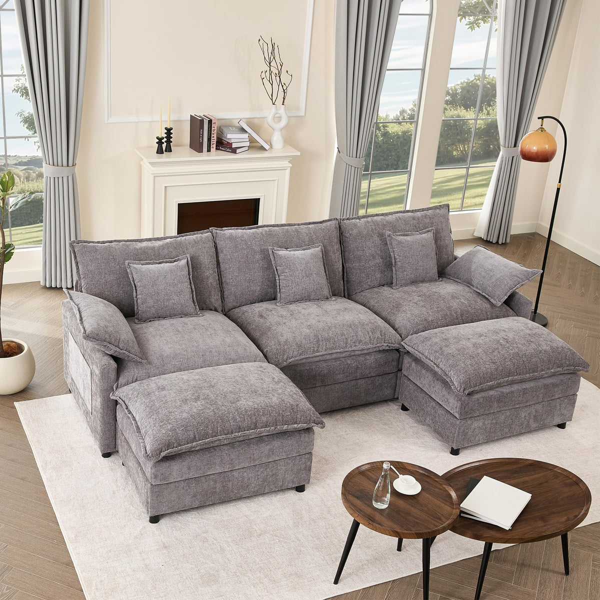 U-förmiges modulares Sofa 3-Sitzer Ecksofa mit Hocker, tiefes Sitzdesign, Cloud Couch für Wohnzimmer(Beige)
