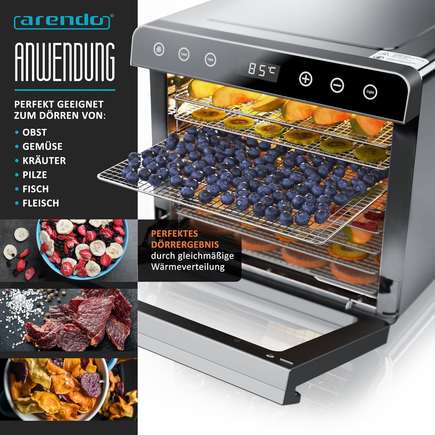 Arendo - Dörrautomat Edelstahl mit 8 Edelstahlgitter - 700 W - 35°-85°C - 8 Edelstahl Einlegetabletts mit insgesamt 6700 cm² - Dörrgerät Dehydrator Obsttrockner Dörrapparat - Obst Fleisch Pilze uvmo