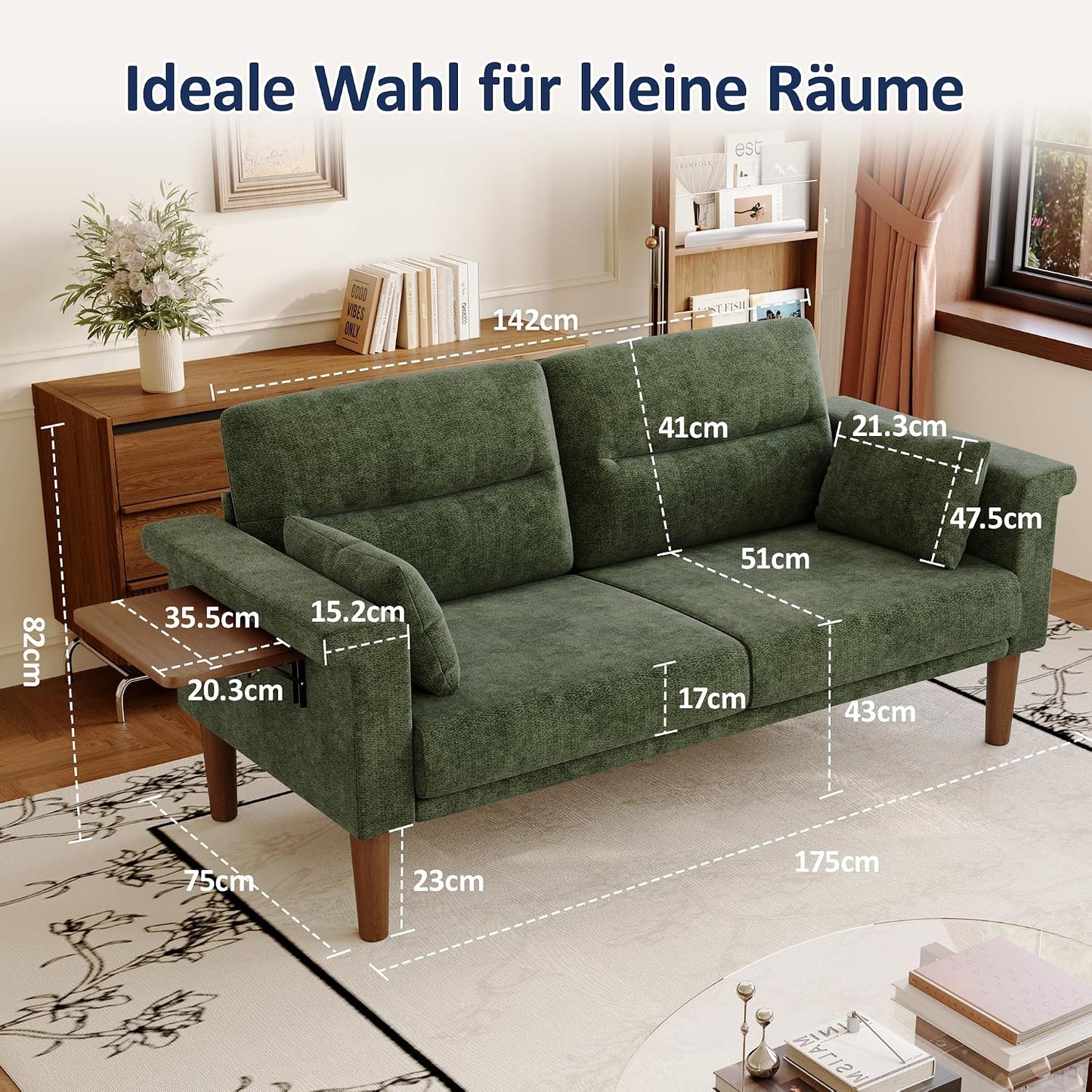 Vipbear Sofa 3 Sitzer Klein,174 cm, Grün Chenille-Stoff Sofas mit 2 Kissen, Modernes Couch mit Wide Armlehnen und Klapptisch, Extra Tiefe Sitze, Gästesofa für Wohnzimmer, Apartment, Büro