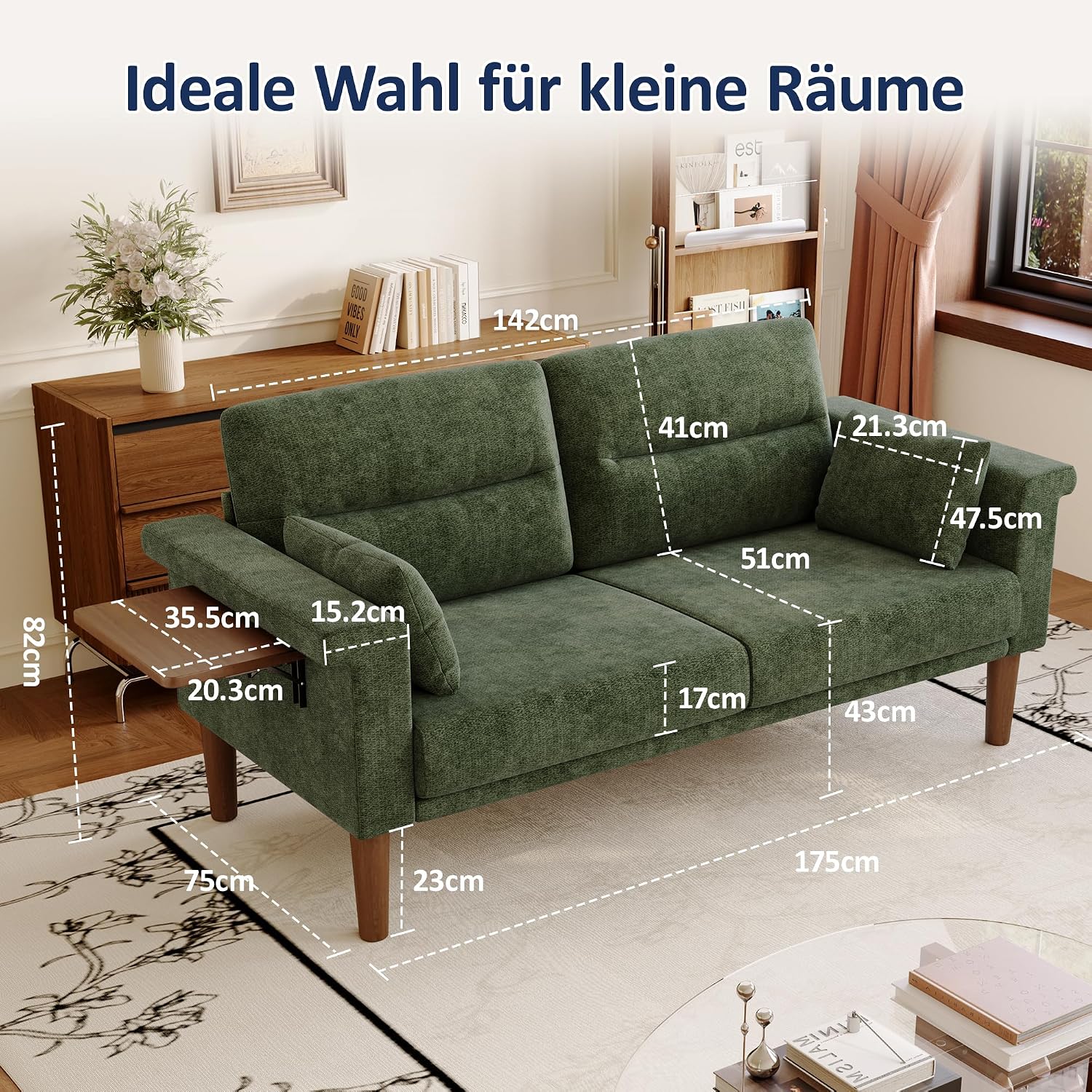 Vipbear Sofa 3 Sitzer Klein,174 cm, Grün Chenille-Stoff Sofas mit 2 Kissen, Modernes Couch mit Wide Armlehnen und Klapptisch, Extra Tiefe Sitze, Gästesofa für Wohnzimmer, Apartment, Büro