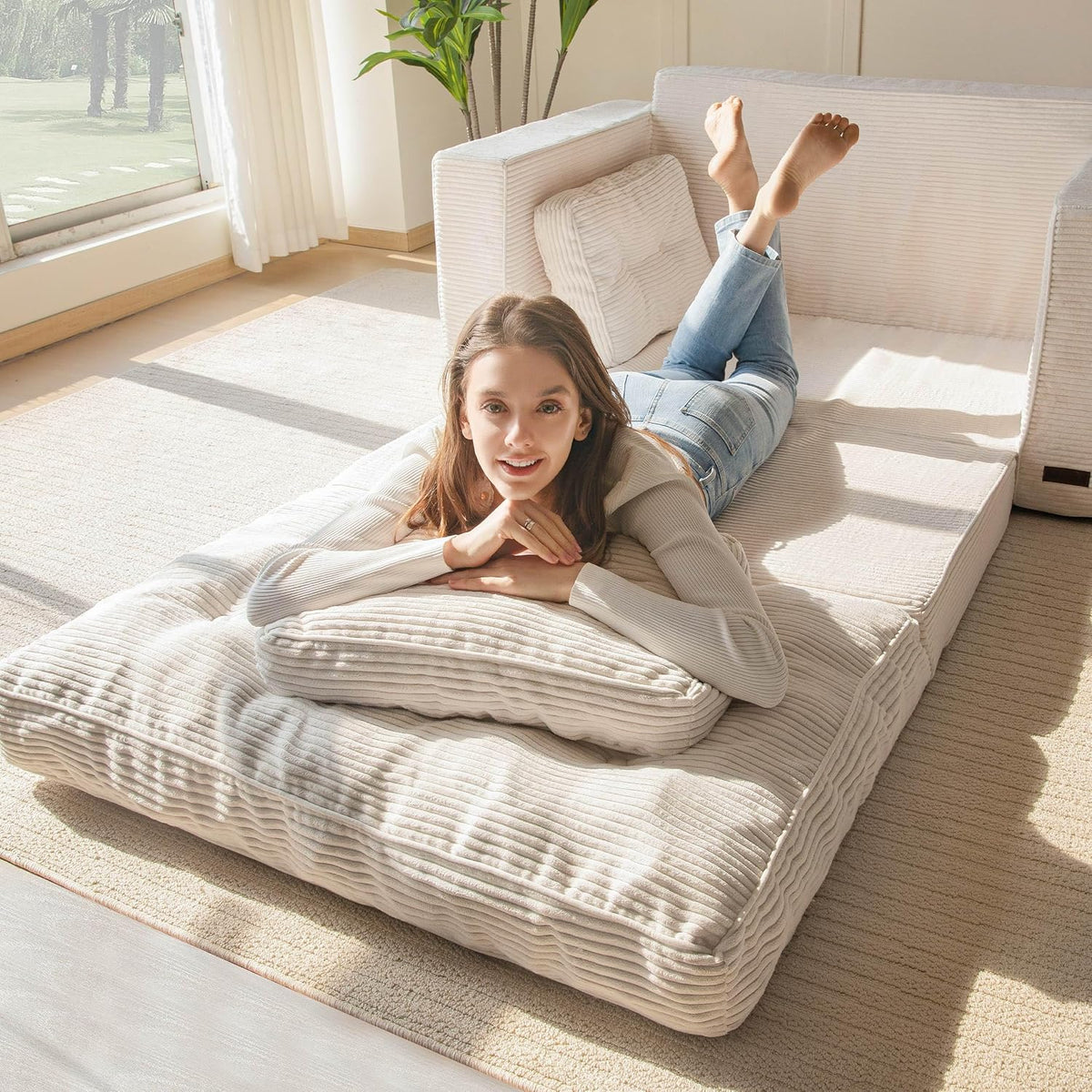 MAXYOYO Schlafsofa, Umbaubares Zweisitzer-Sofa mit 2 Kissen, 2-in-1 Komfort-Kordsofa, Bodenliege mit ausziehbarer Liegefläche 113x190cm, 15cm starkem Schaumstoff