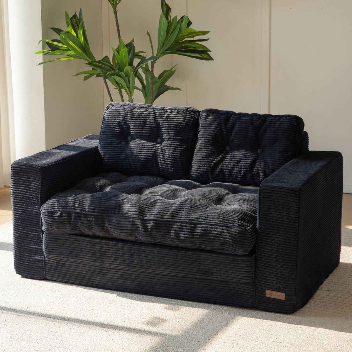 MAXYOYO Schlafsofa, Umbaubares Zweisitzer-Sofa mit 2 Kissen, 2-in-1 Komfort-Kordsofa, Bodenliege mit ausziehbarer Liegefläche 113x190cm, 15cm starkem Schaumstoff