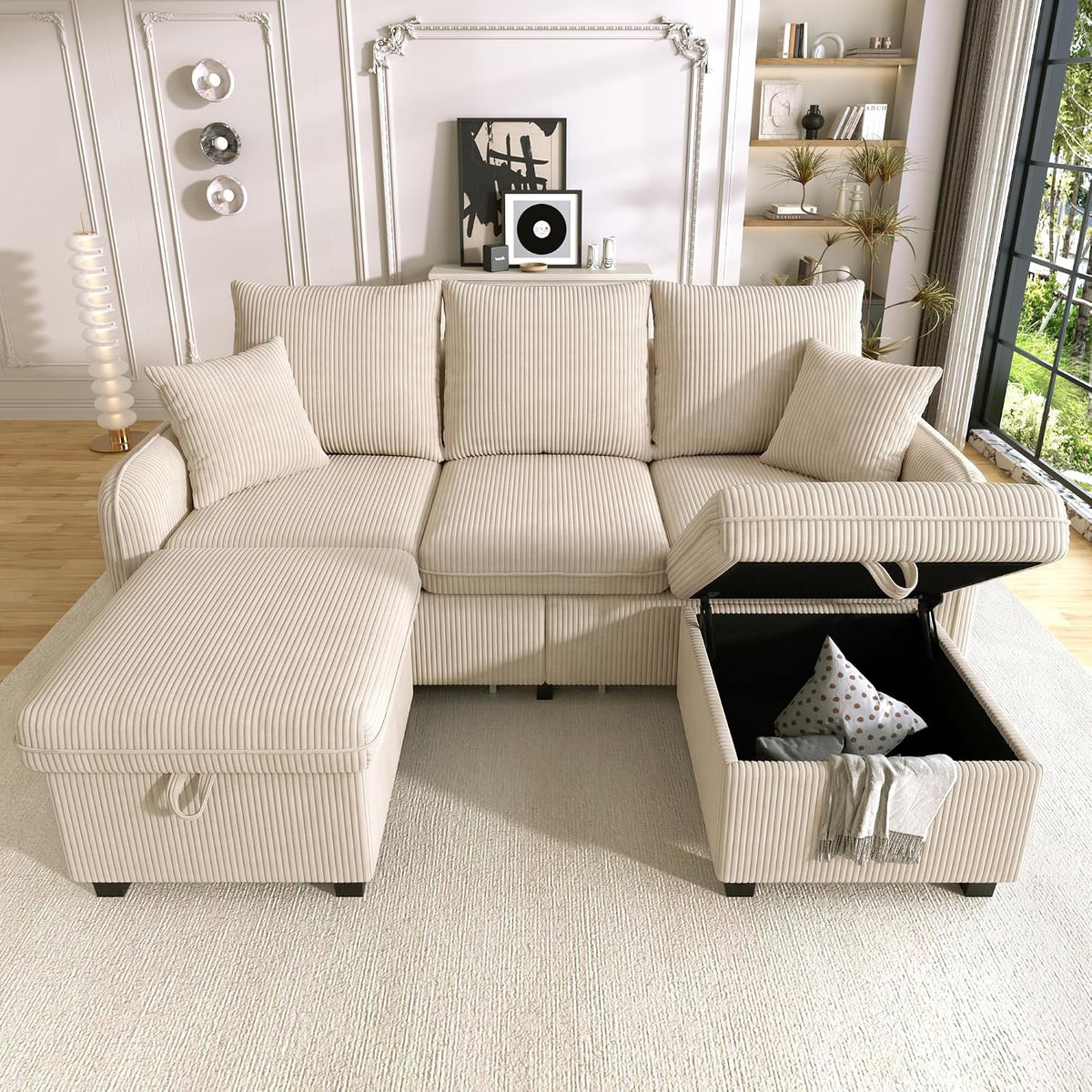 Merax Modulares 3-Sitzer Sofa-Set, Ecksofa in L-Form & U-Form mit 2 Stauraum-Hockern, Couch mit 2 Schubladen, Flexibel kombinierbare Wohnlandschaft aus Chenille, Beige