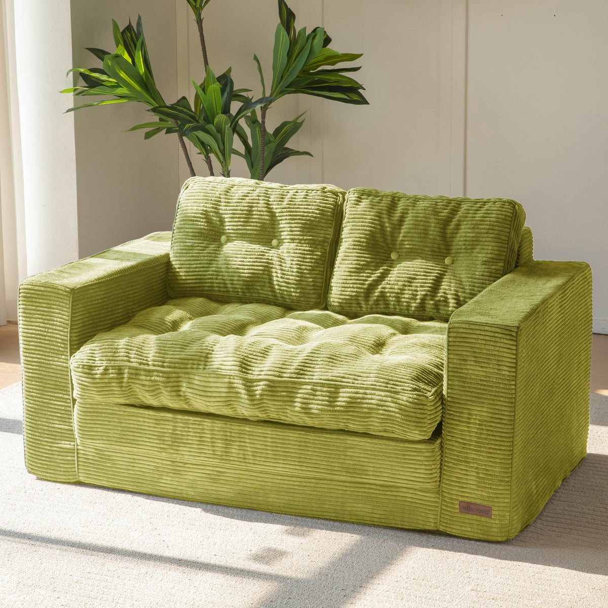 MAXYOYO Schlafsofa, Umbaubares Zweisitzer-Sofa mit 2 Kissen, 2-in-1 Komfort-Kordsofa, Bodenliege mit ausziehbarer Liegefläche 113x190cm, 15cm starkem Schaumstoff